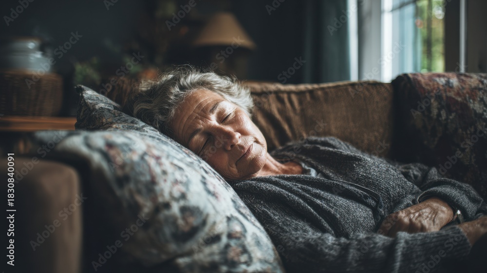Obraz premium Senior woman napping peacefully on living room couch