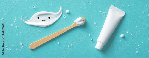 The Toothpaste Tube and Smiling Toothpaste on Wooden Spoon Against Aqua Background
