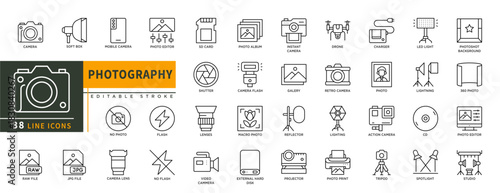 Minimalist Photography line icons set with editable stroke, featuring camera, softbox, mobile camera, photo editor, 360 photo, cd, studio, spotlight, tripod, photo, charger. thin linear illustration.