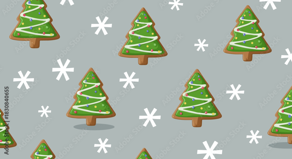 Obraz premium Seamless pattern of festive Christmas tree gingerbread cookies with icing and sprinkles on a grey background, surrounded by white snowflakes.
