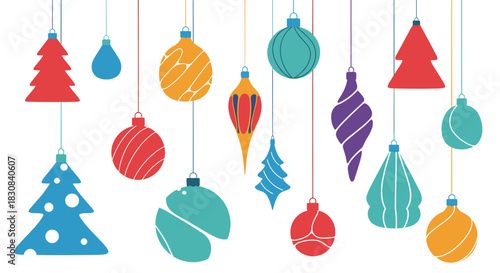 A cheerful collection of colorful, modern Christmas ornaments in various shapes and patterns, perfect for holiday season designs and festive backgrounds.
