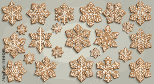 A delightful collection of homemade gingerbread snowflake cookies, each intricately decorated with white icing, creating a festive holiday background.