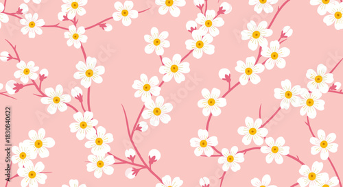 A seamless pattern of delicate white cherry blossoms with yellow centers on vibrant pink branches, set against a soft pink background, evoking spring and renewal.