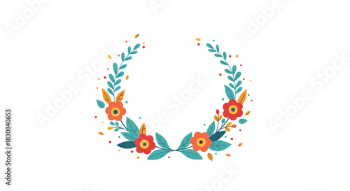 Colorful flat-design floral wreath with orange flowers and teal leaves forming a decorative border, perfect for spring and summer themes.