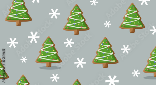 Seamless pattern of festive Christmas tree gingerbread cookies with icing and sprinkles on a grey background, surrounded by white snowflakes.