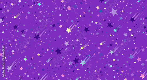 A whimsical and vibrant purple background adorned with numerous colorful stars, shooting stars, and subtle constellations, creating a dreamy celestial pattern.