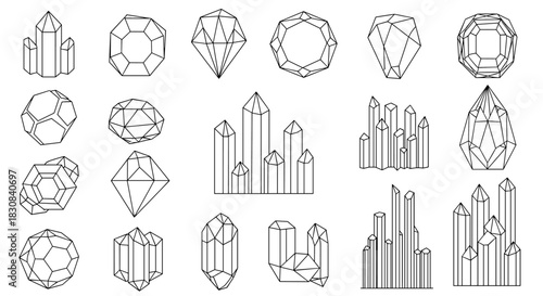 A collection of minimalist line art illustrations featuring diverse crystal shapes, faceted gemstones, and abstract geometric polyhedrons.