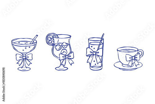 Set of coquette drinks and cocktails. Vector hand drawn cute glasses with ribbon and bow for menu in linear and sketch style illustration. Trendy art for bachelorette party and wedding invitations