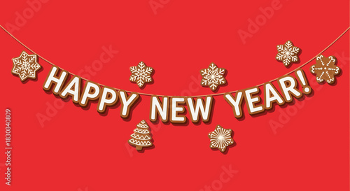 A festive string of gingerbread cookies spelling 'Happy New Year!' with additional snowflake and Christmas tree shapes, against a vibrant red background.