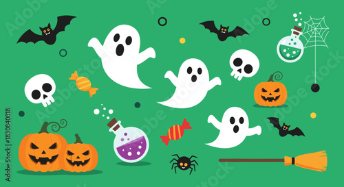 A vibrant flat design illustration of classic Halloween symbols like ghosts, pumpkins, bats, and potions, playfully arranged on a lively green background.