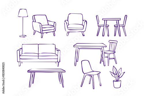 Set of linear armchair Trendy comfortable chairs. Vector hand drawn furniture for home and living room. Doodle soft furniture, luxury s
