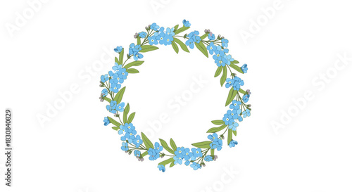 A delicate blue forget-me-not flower wreath with green leaves, illustrated in a charming watercolor style on a crisp white background.