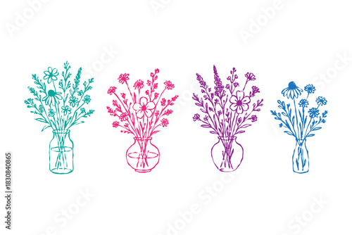 Set of spring blooming flowers in vases and bottles. Vector hand drawn garden flowers and summer wildflowers, tulips and daisies, cornflowers and roses. Beautiful blossom Romantic design illustration