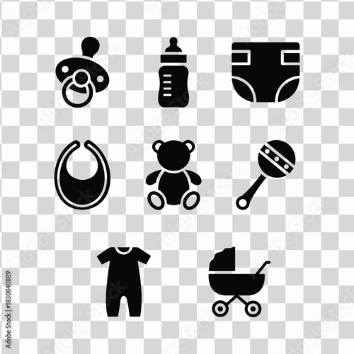 Set of baby care icons pacifier, bottle, diaper, bib, teddy bear, rattle, clothes, and stroller