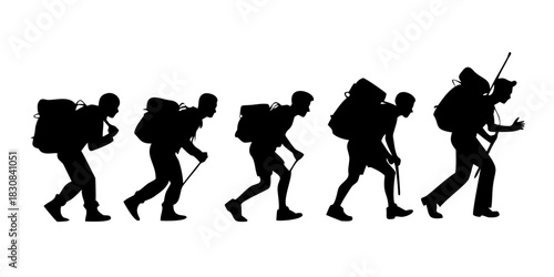 Set of silhouette people carrying heavy backpacks in various poses representing travel hiking effort struggle and burden

