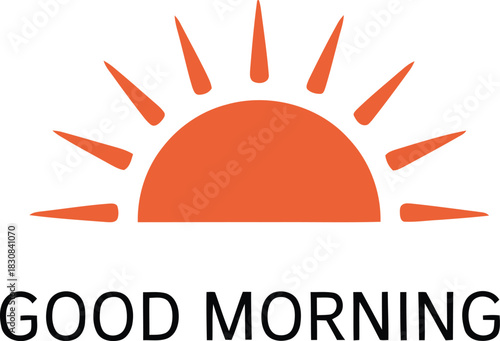 Bright orange sunrise vector with symmetrical rays and “GOOD MORNING” text for cheerful, motivational morning greetings.