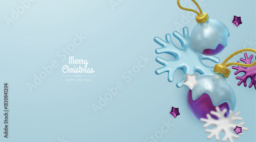 Modern blue-and-white Christmas decoration scene with ornaments, snowflakes, and trees, offering a clean, stylish layout for winter holiday projects.