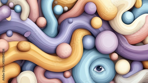 An abstract illustration featuring colorful, flowing shapes and spheres with an eye element, creating a whimsical and artistic composition.