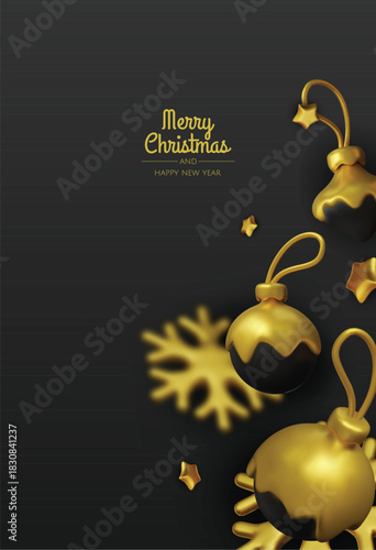 Modern black and gold Christmas design with decorative baubles and snowflakes, great for upscale holiday graphics, social media posts, and advertisements.