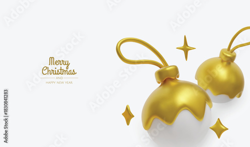 Festive greeting card design with elegant gold decorations and soft white elements for Christmas and New Year themes