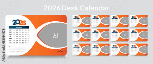 Trendy desk calendar 2026 template, corporate desk calendar schedule 2026 monthly 12-page planner layout, editable vector eps 10 file format