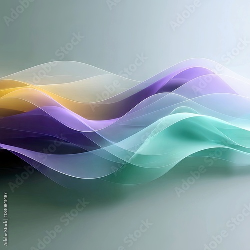 An abstract image featuring flowing, colorful waves in shades of yellow, purple, and teal, set against a gradient background.