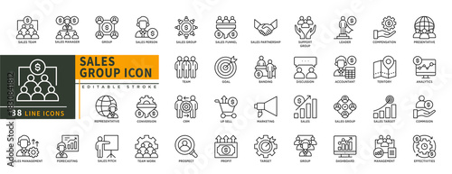 Minimalist Sales Group line icons set with editable stroke, featuring team, manager, group, funnel, partnership, banding, goal, crm, profit, target, prospect, up sell, leade. thin linear illustration.