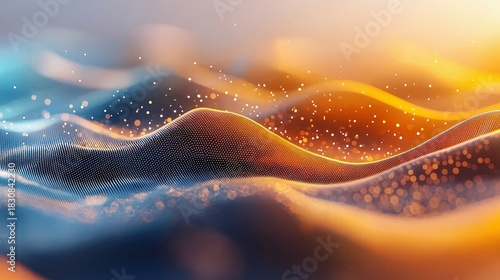 An abstract digital illustration of flowing waves with bokeh and warm lighting.