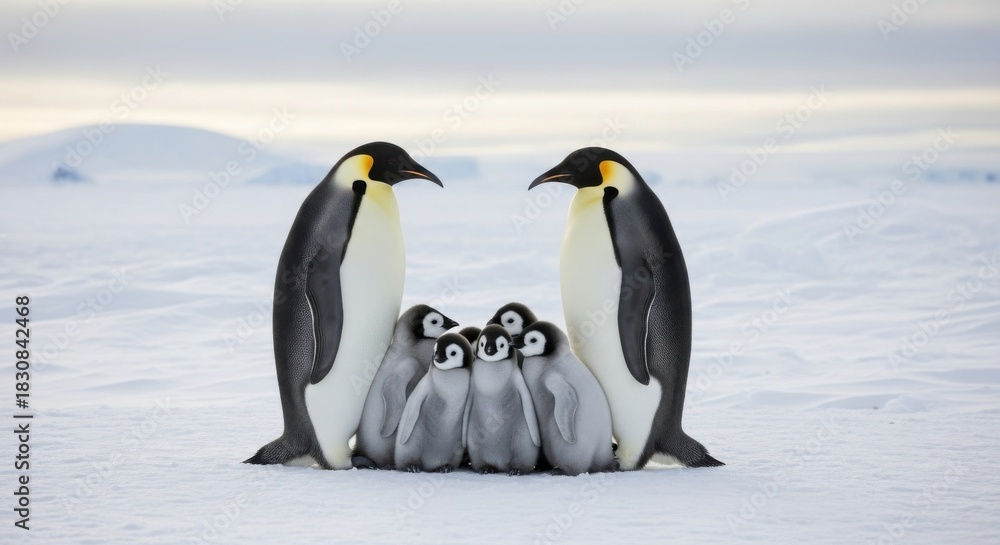 Fototapeta premium Emperor penguin family huddled together in snowy landscape