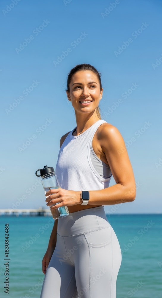 Fototapeta premium Fit woman with water bottle by the ocean