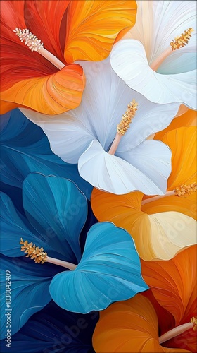 An abstract artwork featuring a close-up of colorful flowers with petals in shades of red, orange, yellow, blue, and white. The flowers have prominent stamens.