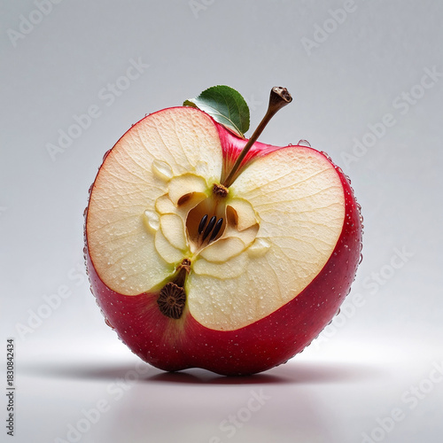 Centered high-detail red apple half with perfect proportion realism. illustraion style.