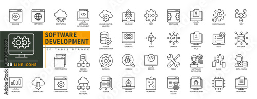 Minimalist Software Development line icons set with editable stroke, featuring coding, network, computing, multitasking, data mining, doocument, chip, test, wov, maintenance. thin linear illustration.