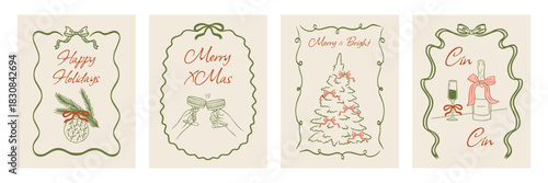 Vintage Christmas posters, greeting cards, and invitations, hand drawn in doodle style with ribbon frames.