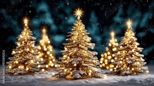 Majestic Christmas trees with golden lights in a snowy magical winter forest wonderland scene