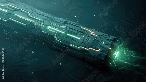 An abstract, futuristic image of a pipe-like structure with glowing green energy emanating from one end. The scene is dark and moody, with a focus on technology