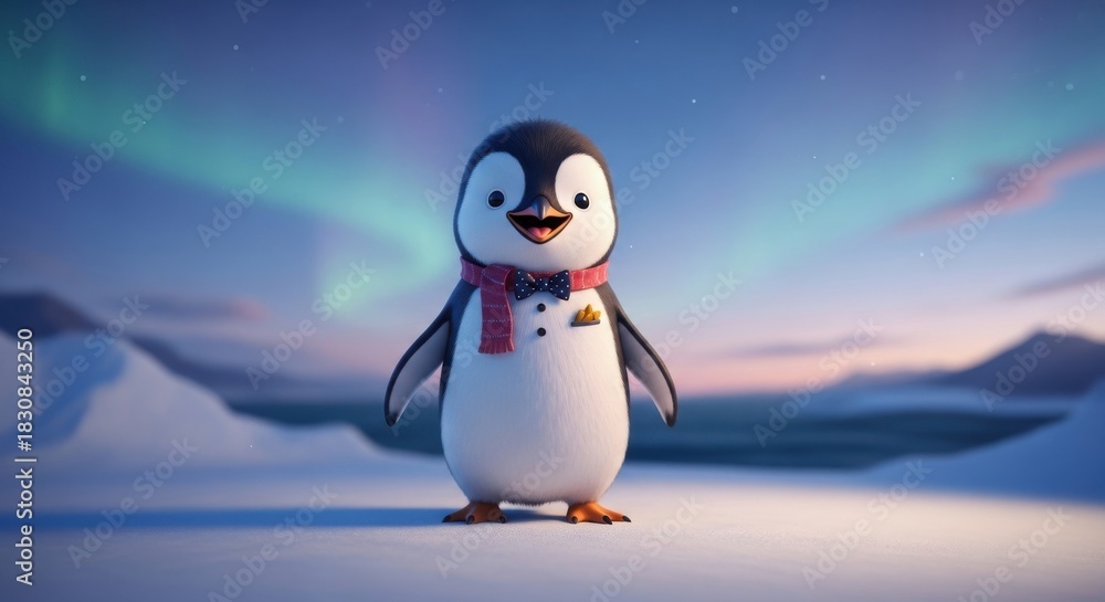 Obraz premium Adorable cartoon penguin with scarf under aurora borealis