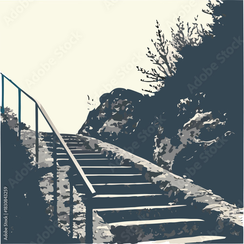 Winter landscape view of a wooden stairway to the sky over a snowy bridge path