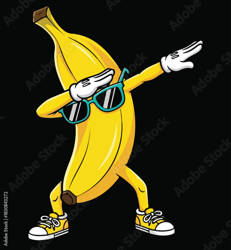 Funny Dabbing Banana Character Wearing Sunglasses And Sneakers Vector Illustration For T-shirt Design And Summer Apparel Print.