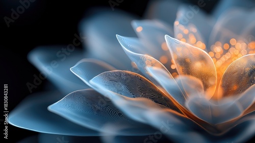 Close-up of an abstract lotus flower with glowing orange and blue petals against a black background. The image has a soft, ethereal quality.