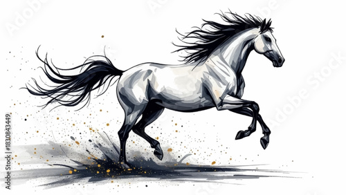 Powerful running horse with bold ink splash accents. Dynamic stallion artwork with expressive brush strokes. Fierce galloping horse in artistic splash composition