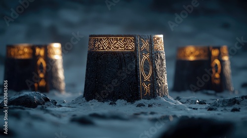Three abstract pillars with illuminated gold accents stand in a snowy environment, creating a dramatic and mysterious atmosphere.
