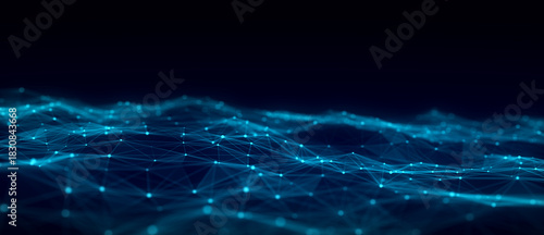 Color abstract wave background with dots and lines moving in space. Technology illustration. Futuristic modern dynamic wave. 3d rendering.