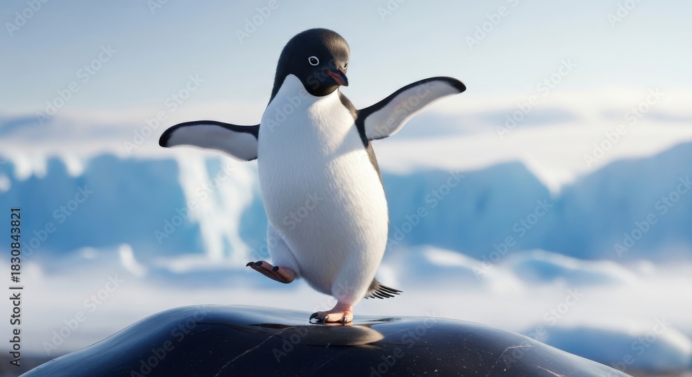 Fototapeta premium Adélie penguin balancing on shiny rock with icebergs