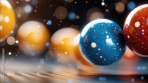 Close-up of colorful spheres with a bokeh effect, creating a sense of motion and depth.