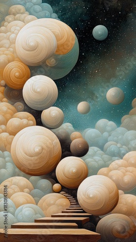 An abstract, surreal artwork featuring spheres, clouds, and a staircase leading into a cosmic space. The image evokes a sense of wonder and exploration.