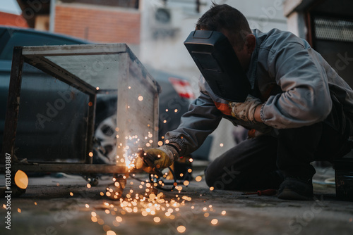 A skilled worker in a welding helmet and gloves crouches beside a metal frame, producing bright sparks while cutting. Outdoor urban setting suggests on-site construction or metal fabrication.