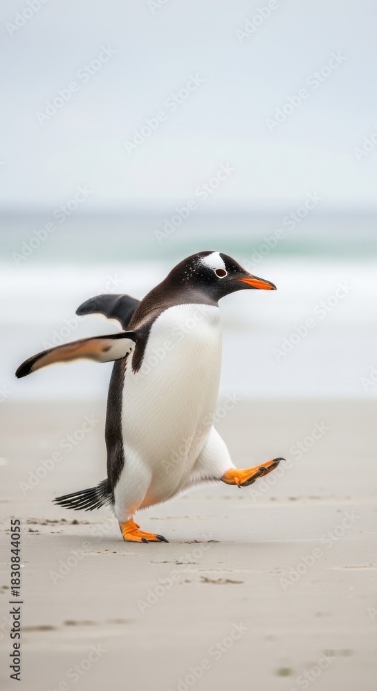 Naklejka premium Gentoo penguin walking on sandy beach near ocean