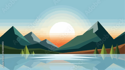 Mountain landscape with lake and sunset vector illustration for travel and nature backgrounds and posters brazil ceara