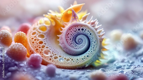 Close-up of an abstract spiral structure with a complex pattern of bubbles, showcasing vibrant colors and soft lighting.